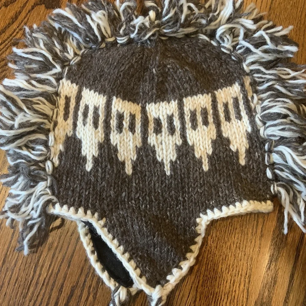 Knit Wool Peruvian Style Earflap Hat With Mohawk‎ Fringe Handmade In Nepal